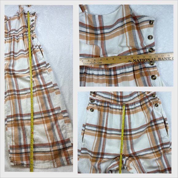 American Eagle Plaid Wide Leg Jumpsuit Linen Blend Size 12 Button Straps Pockets - Picture 10 of 12